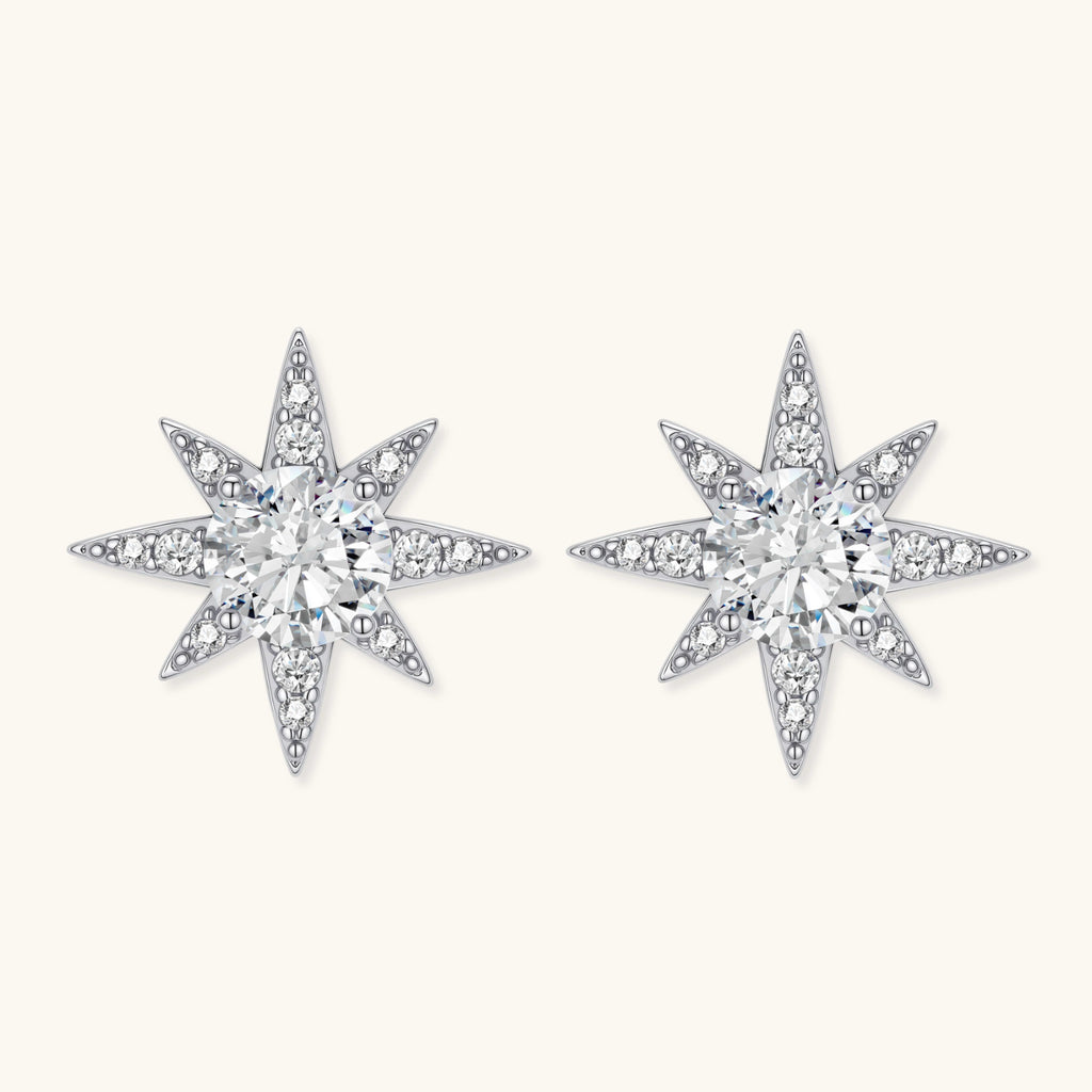 Sterling silver star-shaped stud earrings with brilliant moissanite center stones and pavé details on neutral background.